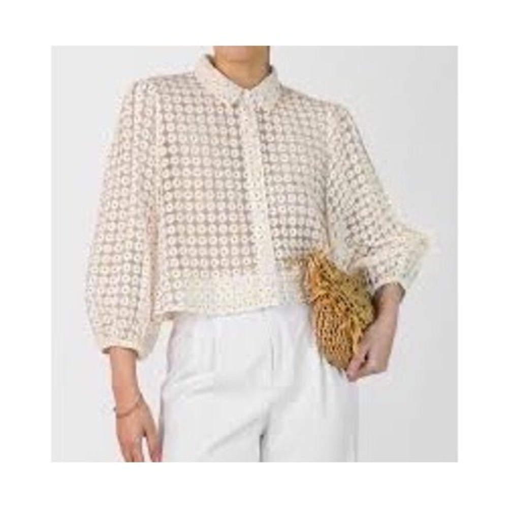 Zara White Sheer Daisy Print Button Front Puff Sleeve Blouse Cottagecore M